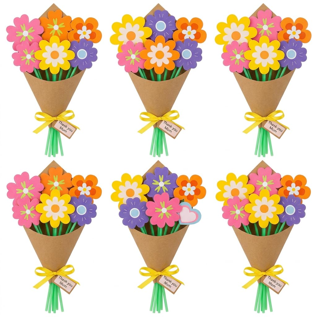 Xiansini Mothers Day Craft Kit 6 Sets DIY Paper Flower Bouquet for Kids, Handmade Gift Making Activity for Mum, Mothers Day Crafts for Children School Classroom Home, Paper Supplies