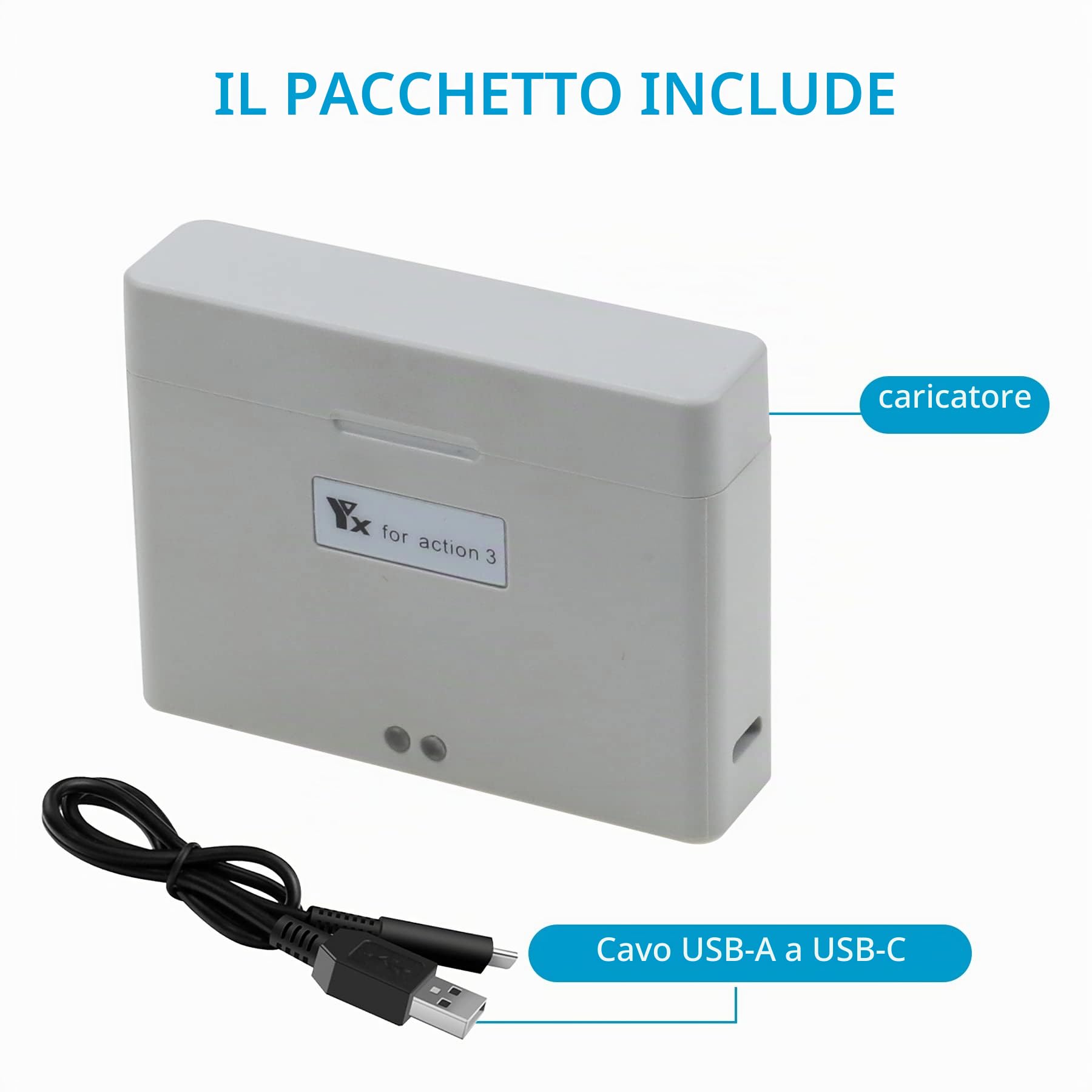 Caricabatterie per DJI Action 3/Osmo Action 4,Caricatore Ricarica 2 Batterie,Stazione di Ricarica Carica Batteria Accessori