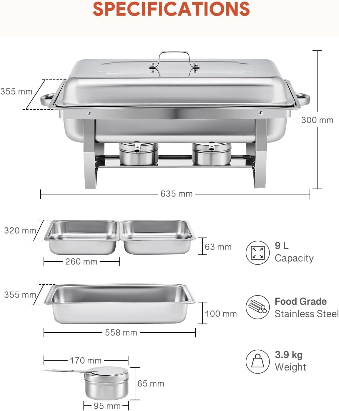 Chafing Dish Buffet Set, Set da 9 Litri- 2 Pezzi Set Buffet Scaldavivande, Buffet Servers E Scaldabagni, 9L Acciaio Inox Rettangolari Catering Server, per Party, Feste, Matrimoni, Banchetti