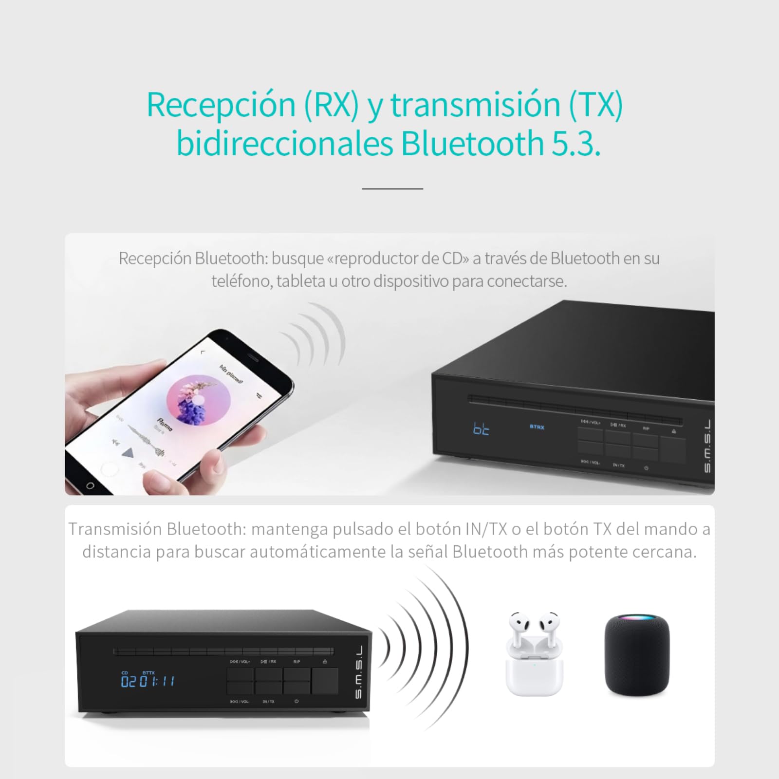 SMSL PL20 Reproductor de CD HiFi para Casa, con Función de Ripping de CD, Bluetooth para Auto, 2 chips CS43131, Entrada USB/Bluetooth, Salidas RCA/BT/3,5 mm/4,4 mm Balanceada/Óptica Digital/Coaxial