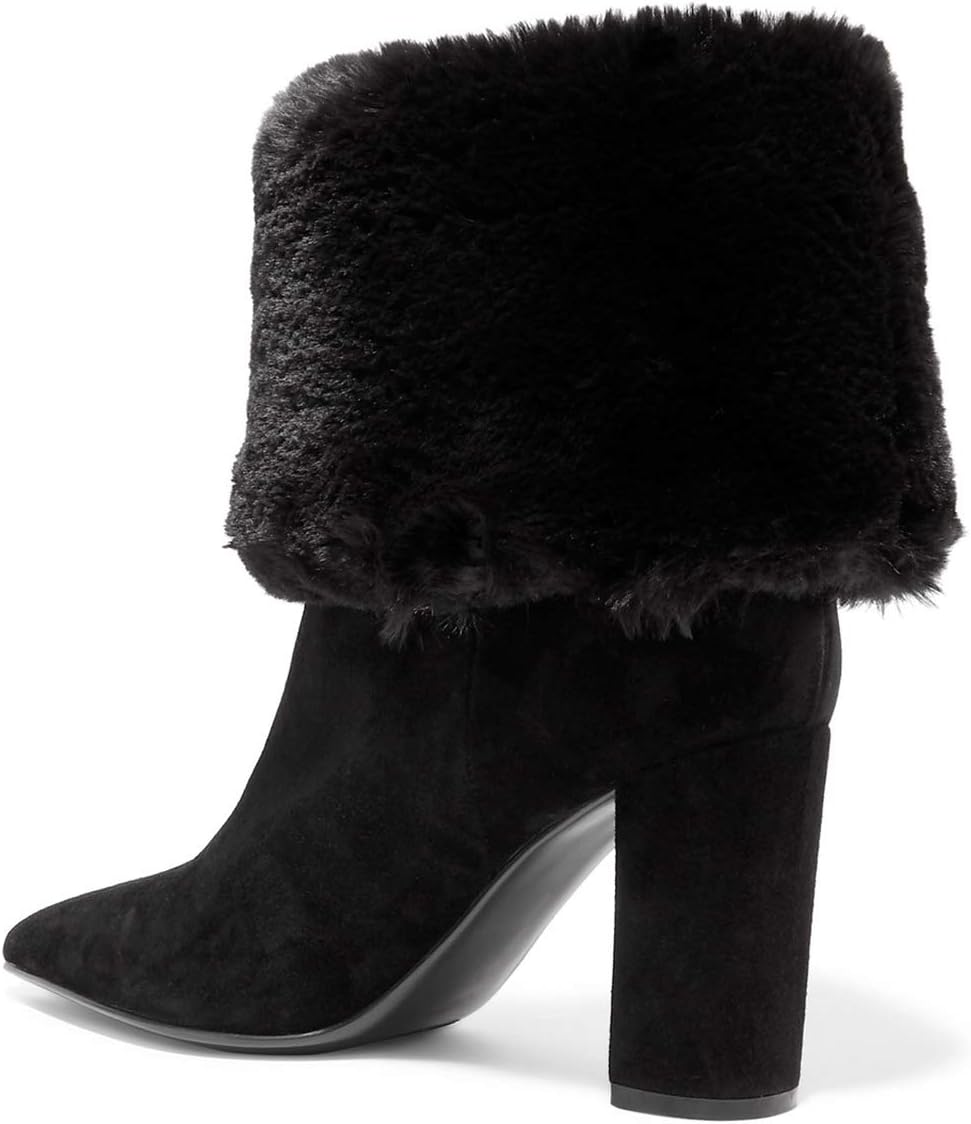 YDN Women Pointed Toe Ankle Boots Fur Cuff Block High Heel Booties Snow Winter Warm Outdoor Shoes Size 4-15 US