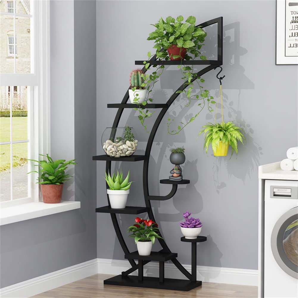 ASHILD 6 Tier Metal Plant Stand Rack Shelf,Simple And Modern FloorStanding MultiLayer Plant Shelf Rack,Creative Half Moon Shape Ladder Flower Pot Stand Rack, for Home Patio Lawn Garden Balcony,E