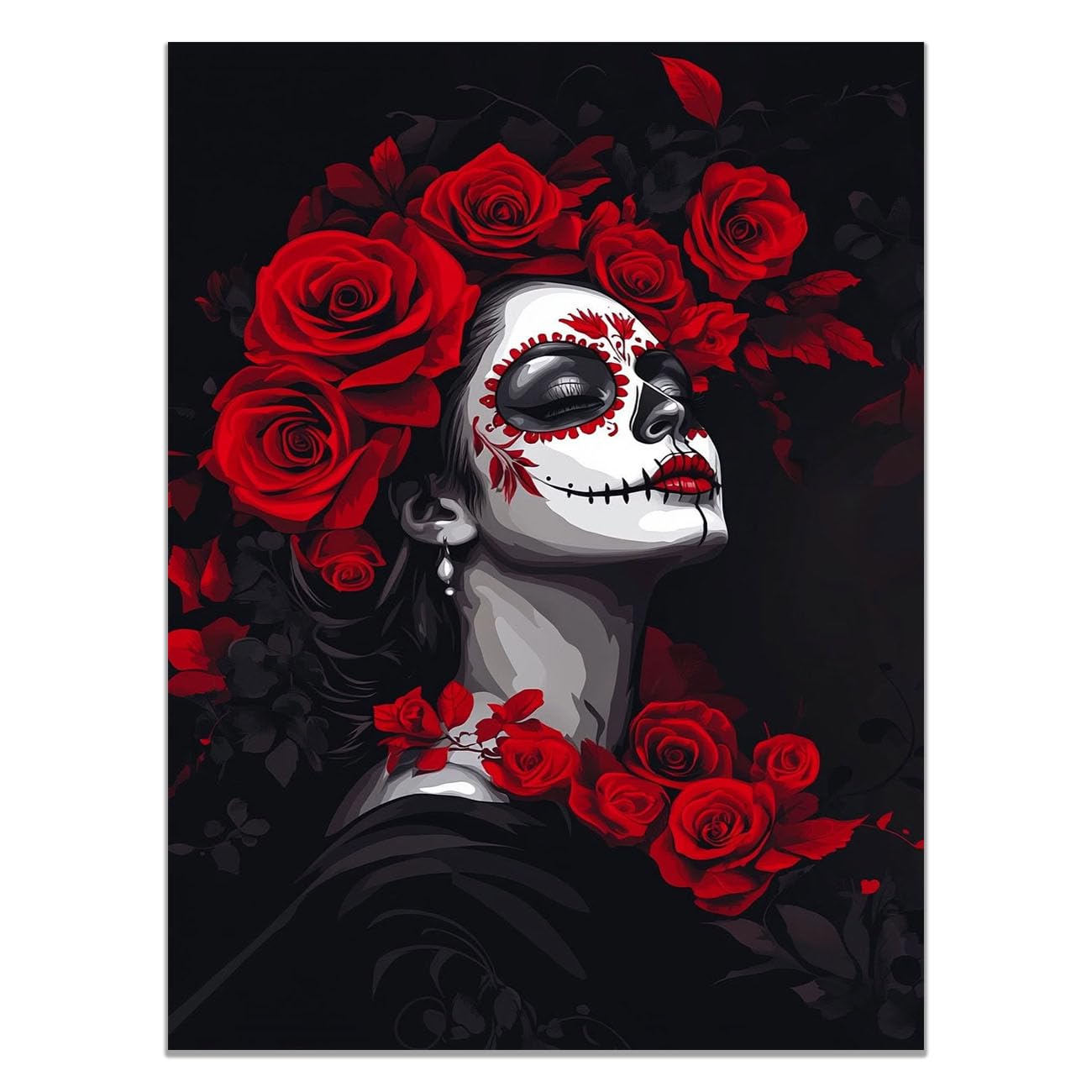 QUSAAOU Black Woman Canvas Wall Sugar Skull Woman Red flowerss Dark Portrait Graffiti Canvas Art Posters Prints African Woman Modern Picture For Living Room Bedroom Office(black)-60x90cm1 Unframed