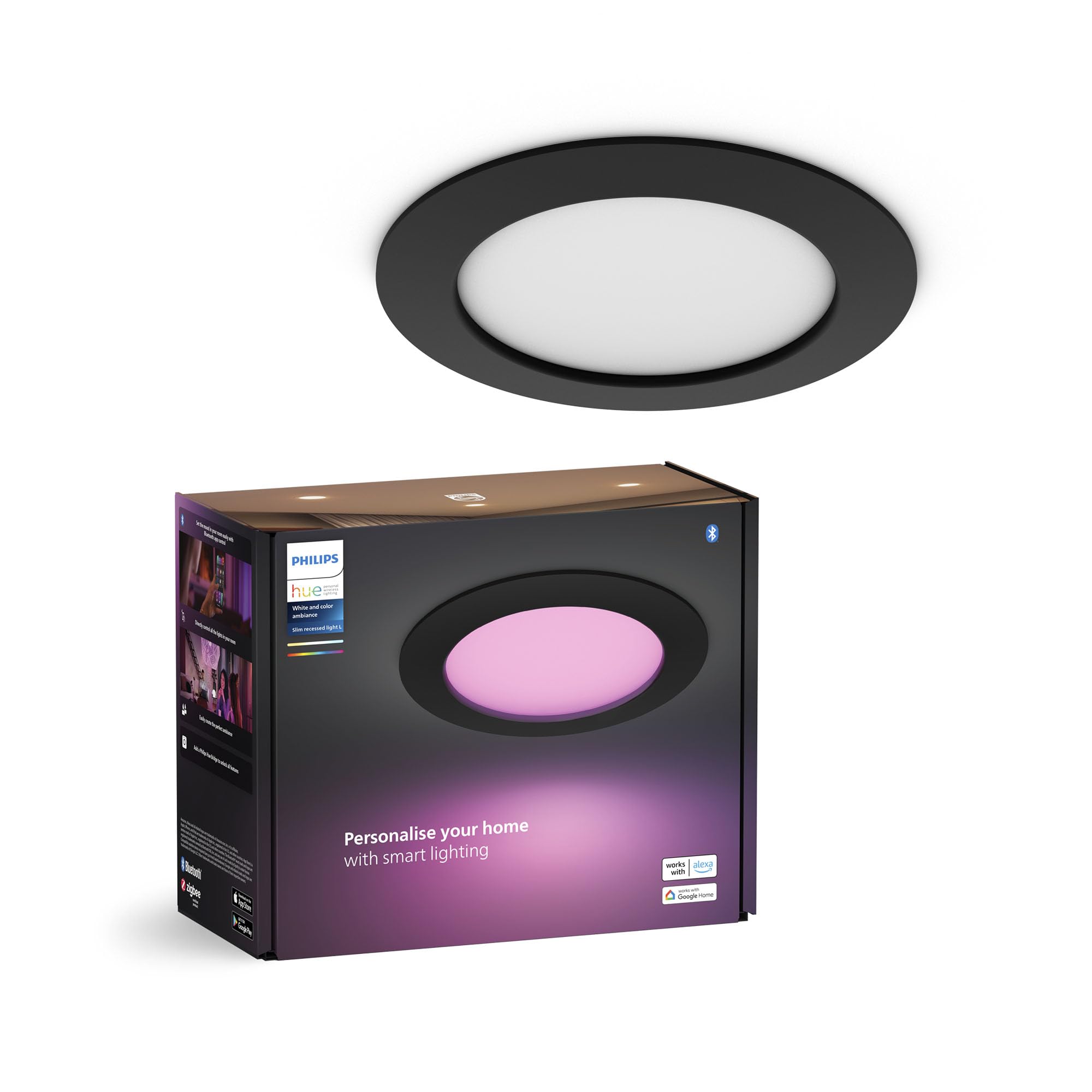 Philips Hue Downlight Slim, 170 mm, downlights inteligentes, luz blanca y de color, compatible con Bluetooth, control por voz con Alexa, Apple Home y Google Assistant, en negro