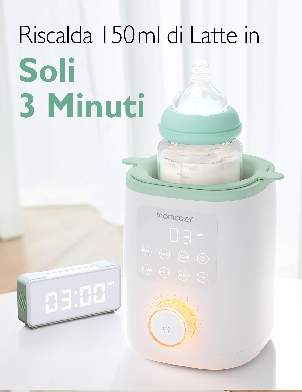 Scaldabiberon Momcozy Nutri, Scaldabiberon 9 in 1 con Luce Notturna, Controllo Accurato della Temperatura, Riceve i Nutrienti dal Latte Materno, per Tutti i Biberon con Latte Materno o Artificiale