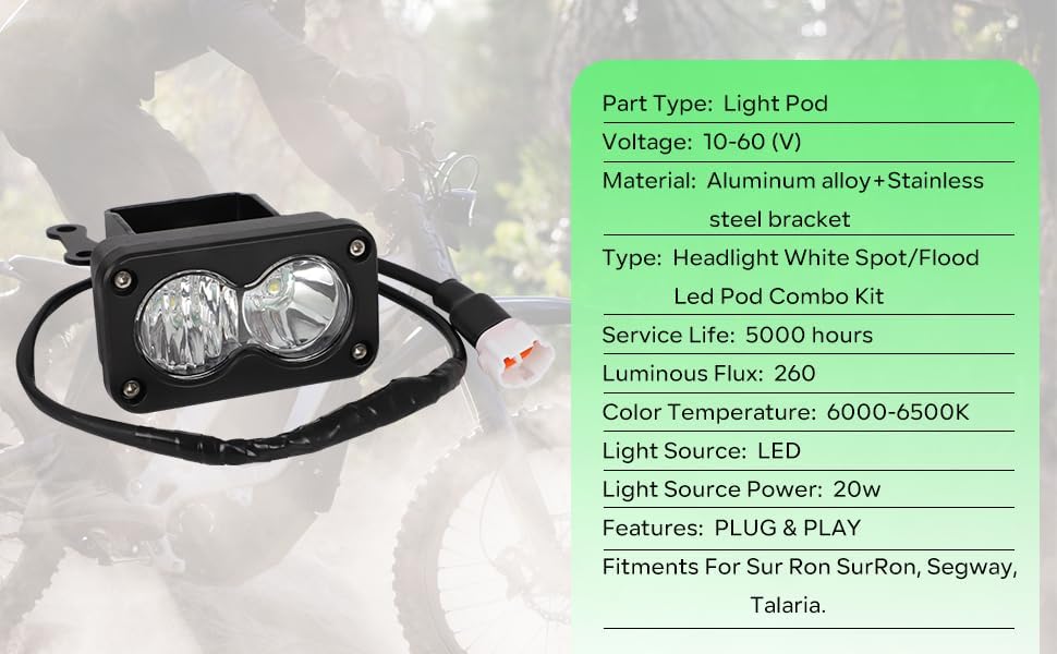 Miniatura 7 de motoparty Kit de faros delanteros para Sur-Ron Segway X260, blanco transparente 6000-6500K SpotFlood Light Pods Kit combinado, accesorios de barras