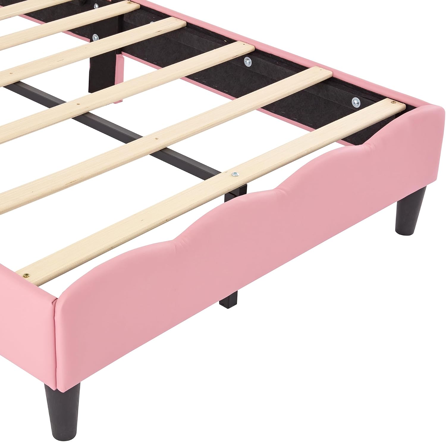 SOFTSEA Twin Upholstered Princess Platform Bed, Girls Princess Bed with Crown Headboard & Wave Footboard for Kids Teens Bedroom, Heavy Duty 500 lbs Support, Easy Assembly, Pink