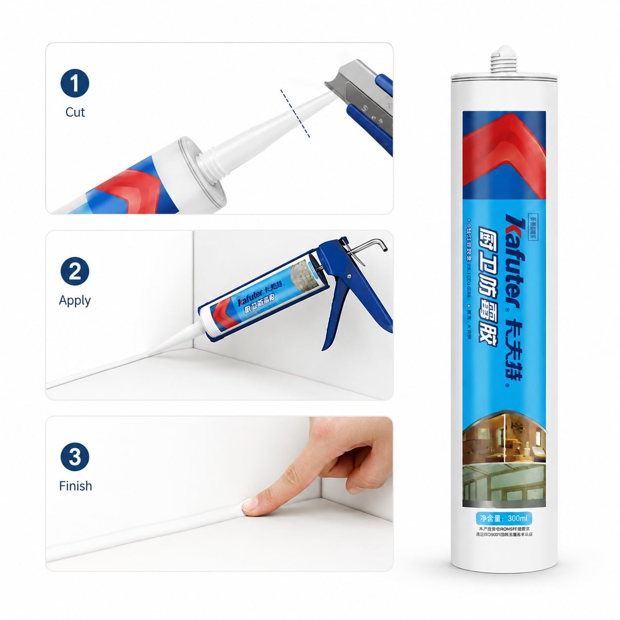 VIDOO Kafuter K-905 Cemento Juntas Blanco Resistente Moho Adhesivo Dureza Shore Cincuenta para Zócalo Fregadero Cocina Cartucho 300ml Pegamento - Blanco