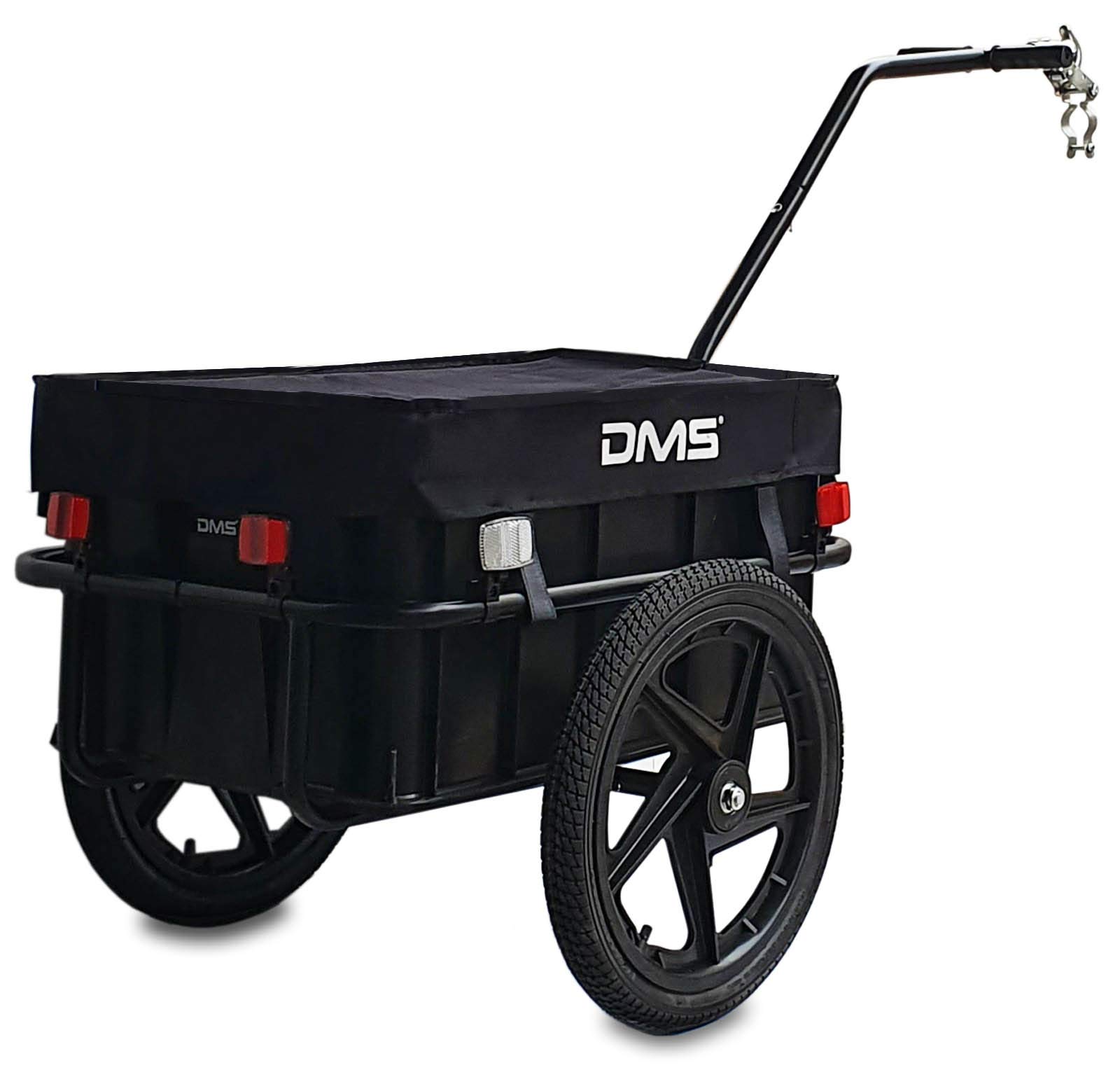 DMS® Przyczepa rowerowa, towarowa, wózek ręczny z wysokim dyszlem, skrzynia transportowa, 70 l, maks. 60 kg, hak kulowy do rowerów o średnicy 26" - 28" FH-01 (czarny)