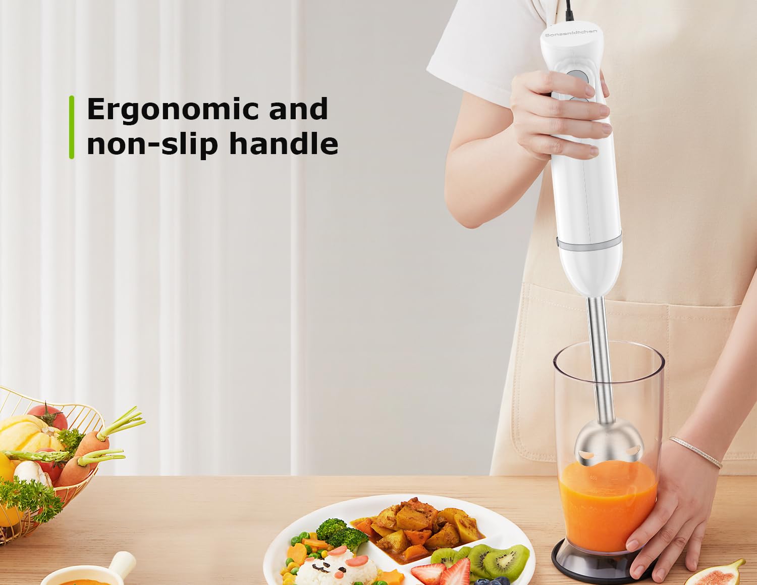 Bonsenkitchen Frullatore a mano con 2 velocità di miscelazione, 4 in 1 in acciaio inox con frusta, tazza e ciotola, bianco