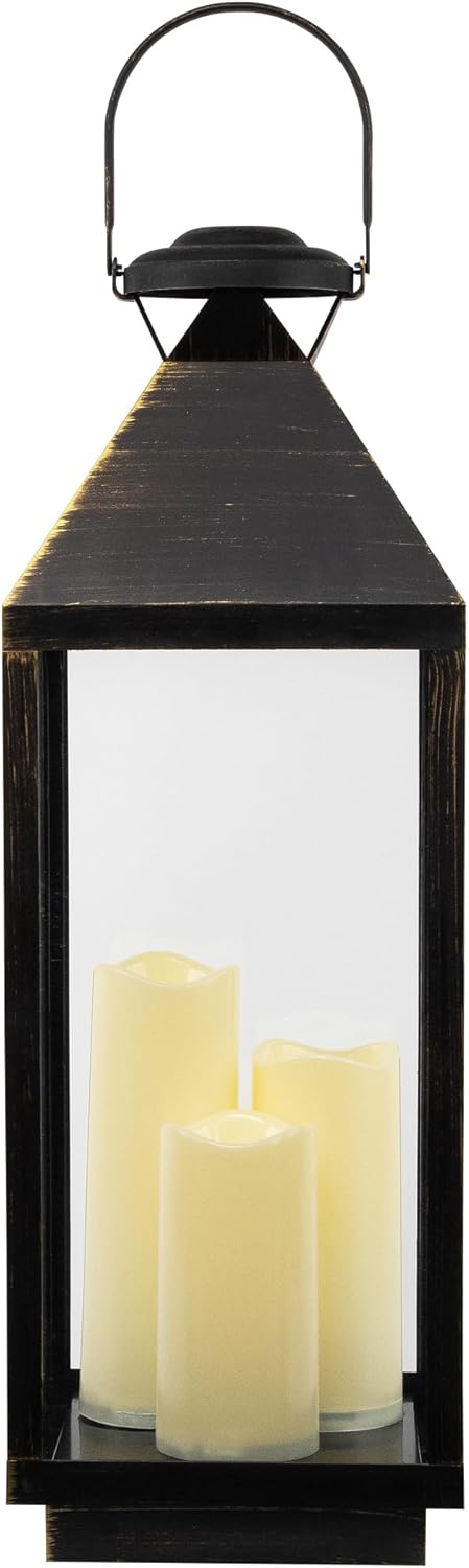 Lantern with Flameless LED Candles - 24" - Gold and Brushed Black