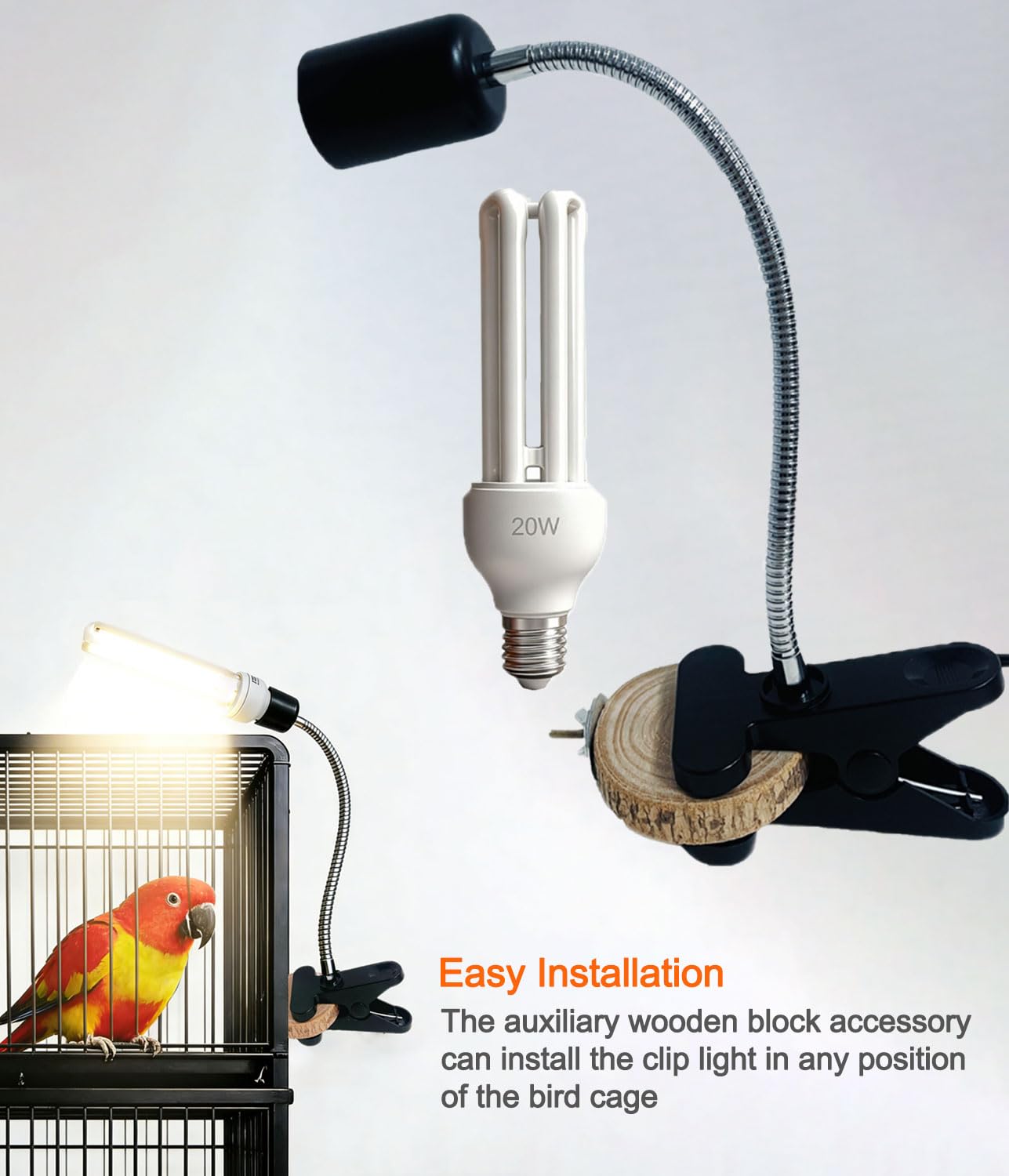 KINGYEENUO Kit Combinado de Lámpara para Jaula de Pájaros, Lámpara con Pinza y Tablero de Madera, Bombilla Fluorescente Compacta 20W 2,4% UVB UVA, E27 Luz UVB para Todo Tipo de Pájaros en Cautiverio