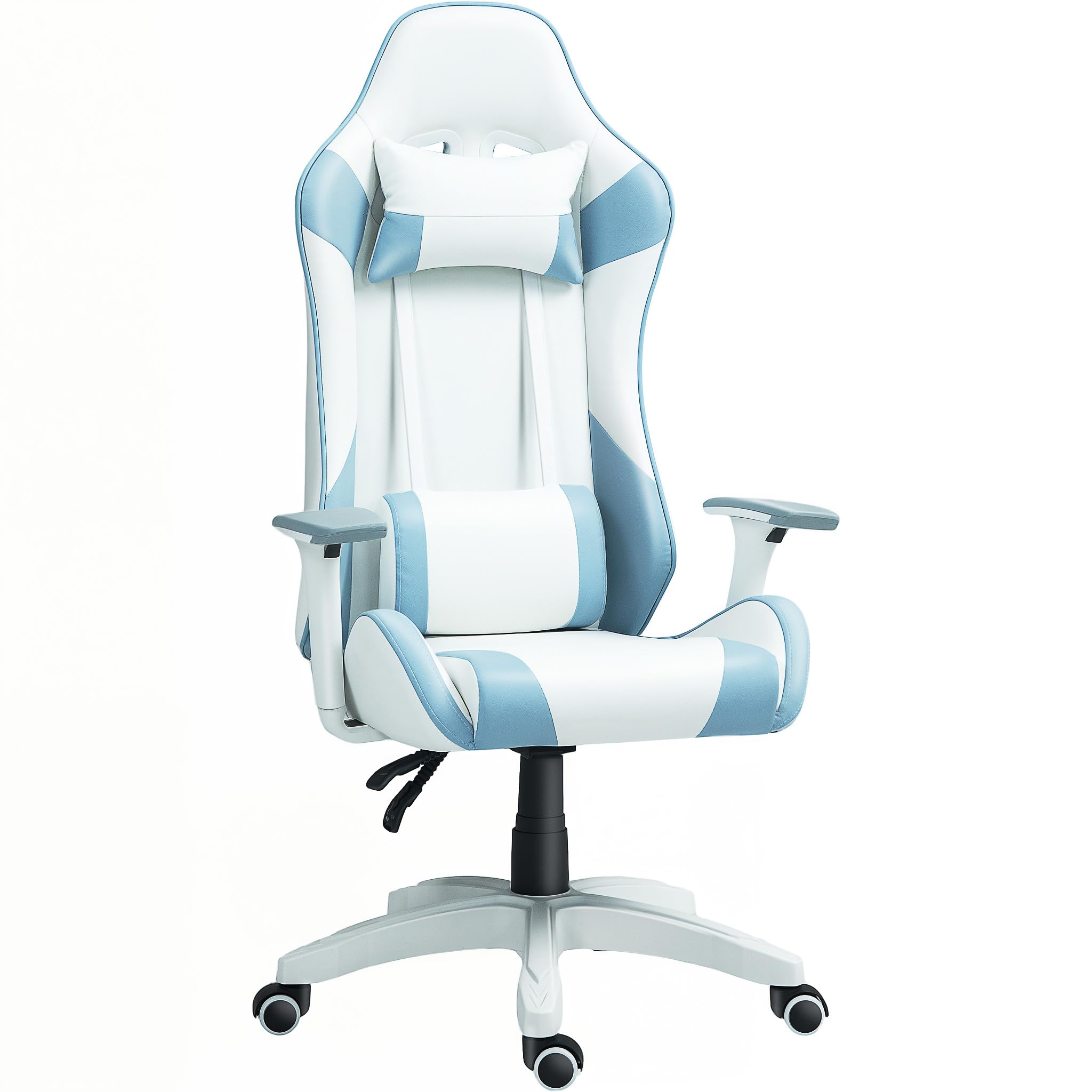 HOMCOM Silla Gaming Reclinable Silla Gamer Giratoria Sillón Gamer Profesional con Cojín Lumbar Reposabrazos 3D Reposacabezas Extraíble y Altura Ajustable Blanco y Azul