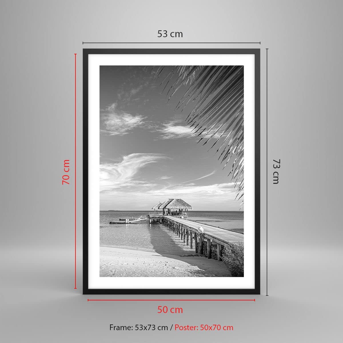 Poster Wandbild Kunstdruck 50x70cm Schwarz-Weiß Landschaften - 4750 - P2B | Paradiesisch Strand Einfarbig Vertikal mit schwarzem Rahmen Wohnzimmer Schlafzimmer Küche Büro Wanddeko Kunstposter ARTTOR