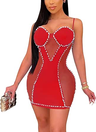 Amazon.com: Ekaliy Spaghetti Strap Bodycon Sheer Dresses for Women Sexy