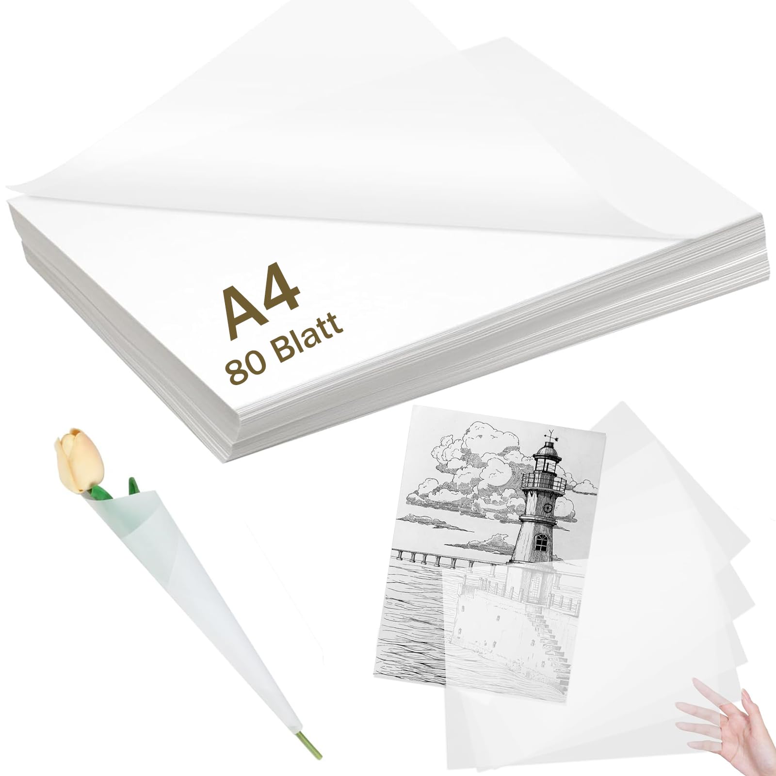 Transparentpapier Bedruckbar Weiß, 112g Pauspapier A4, Pergamentpapier zum Bedrucken, Transparent Pauschpapier für Skizzieren, DIY-Karten, Verpacken, Zeichnen, Laternen