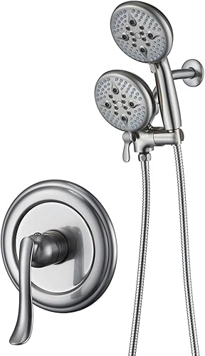 ELLO&ALLO Juego de grifo de ducha, válvula mezcladora y kit de molduras, níquel cepillado, cabezal de ducha de lluvia con combo de mano
