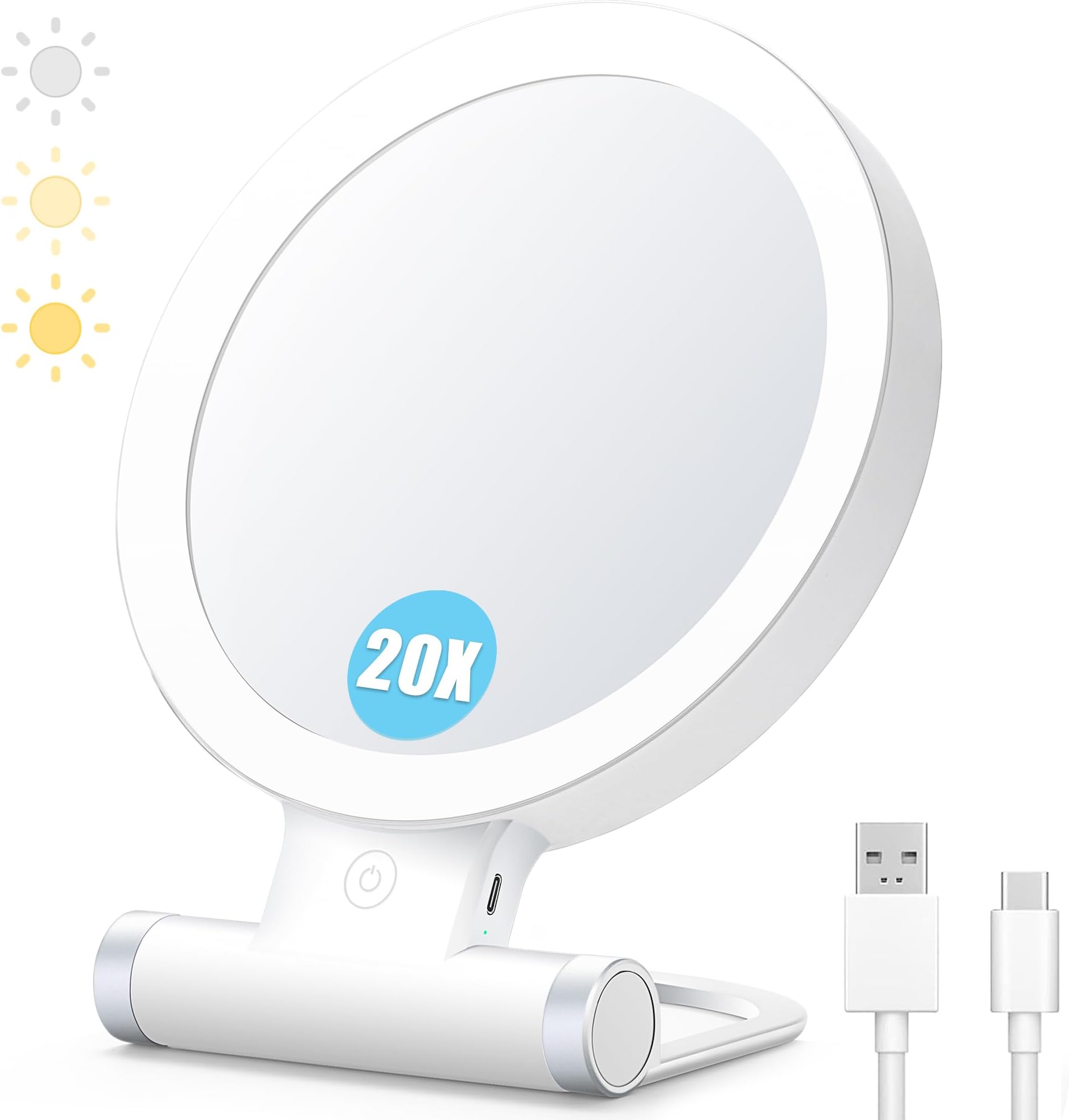 MIYADIVAMagnifying Mirror with Light, 20x Makeup Mirror with Light, 1x/20x Vanity Mirror, Adjustable Illuminated Makeup Mirror, Light up Magnifying Mirror for Plucking Eyebrows