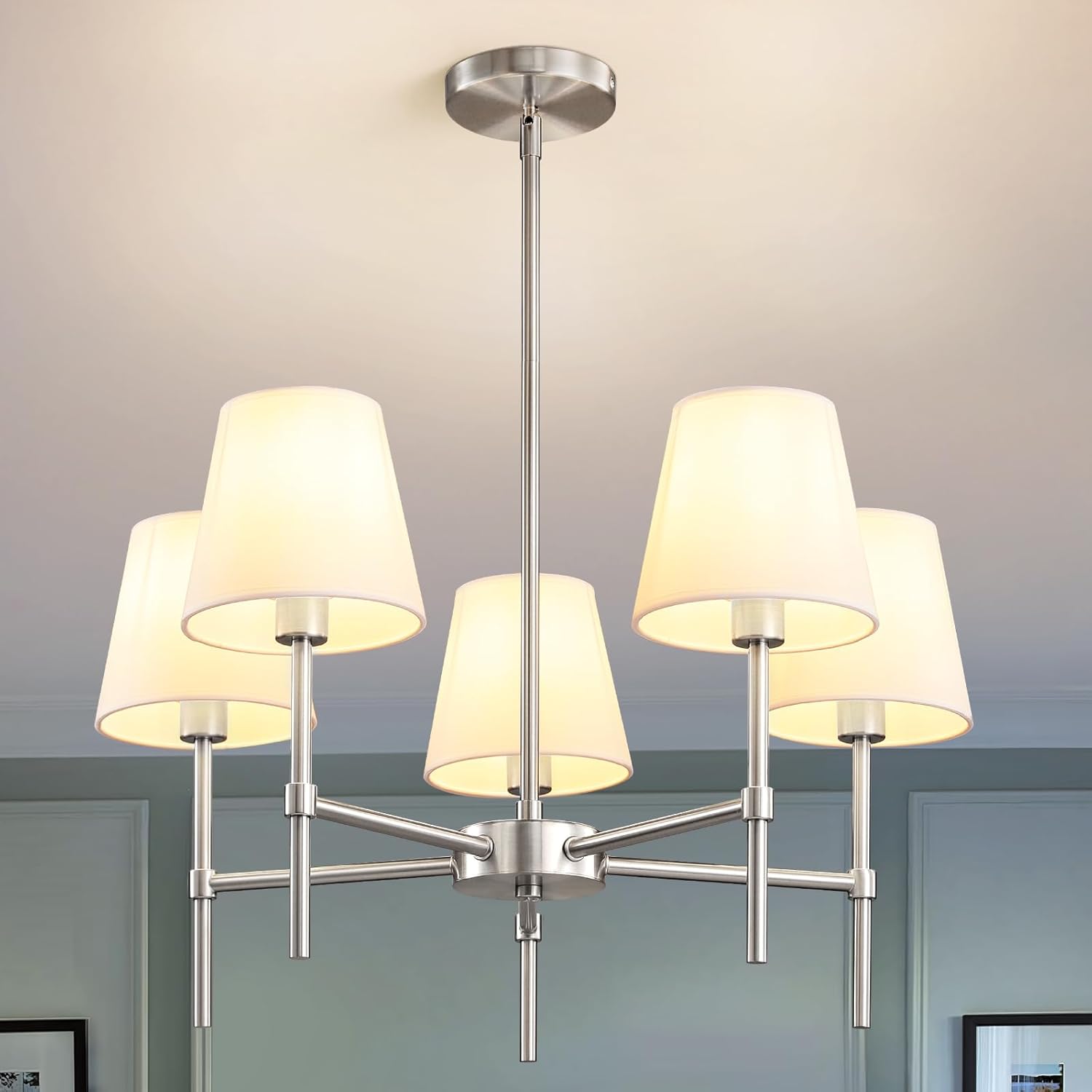 Dining Room Chandeliers Light - 5-Light Brushed Nickel Modern Chandeliers Light Fixtures with White Fabric Shade, Height Adjustable Pendant Island Lights for Entryway Farmhouse Brushed Nickel 5 Light