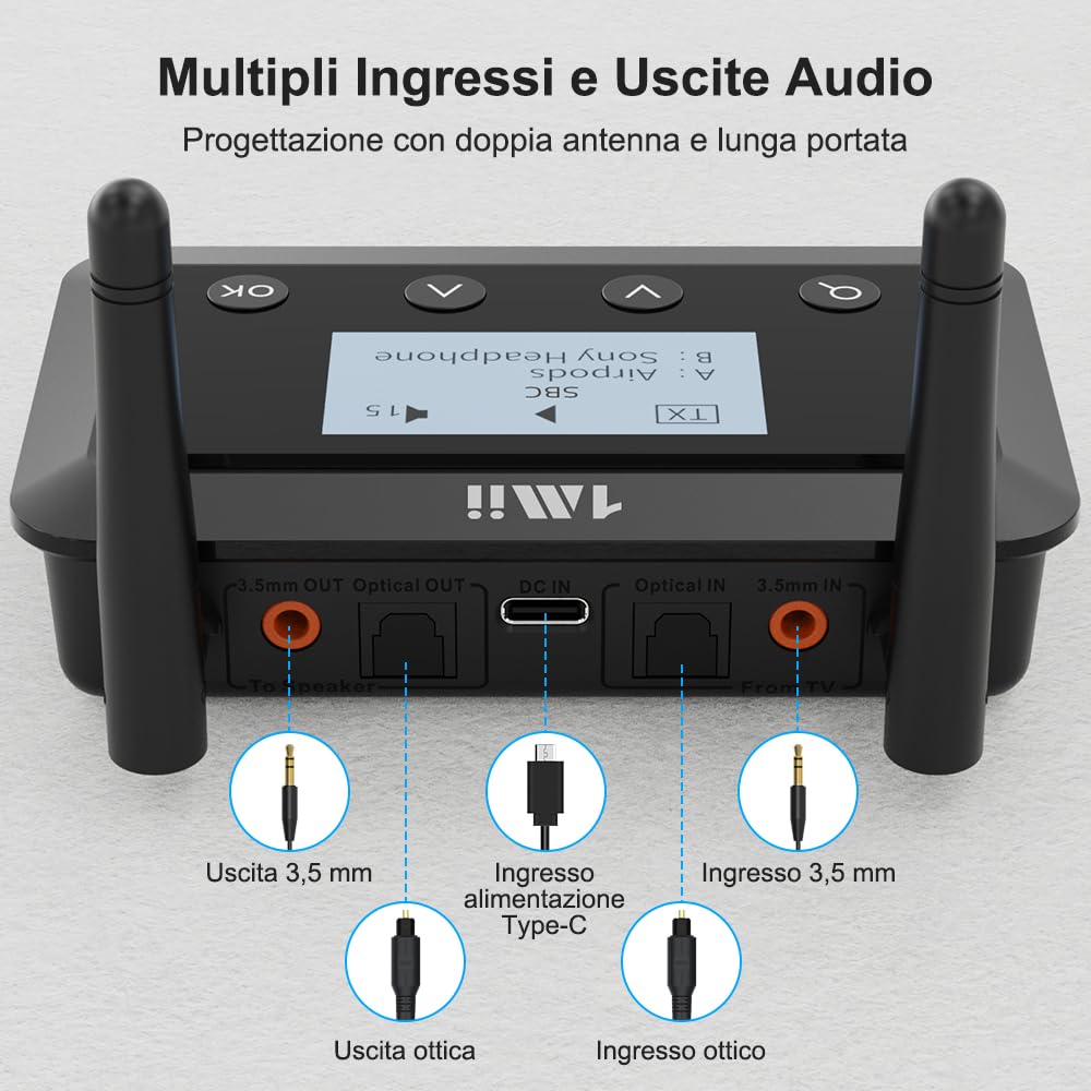 1Mii B03+ Trasmettitore Ricevitore Bluetooth per TV Stereo, Adattatore Bluetooth 5.3 Lungo Raggio per Audio TV con Schermo, aptX Low Latency & HD & Adaptive, Ottico RCA AUX 3,5mm Ingressi/Uscite