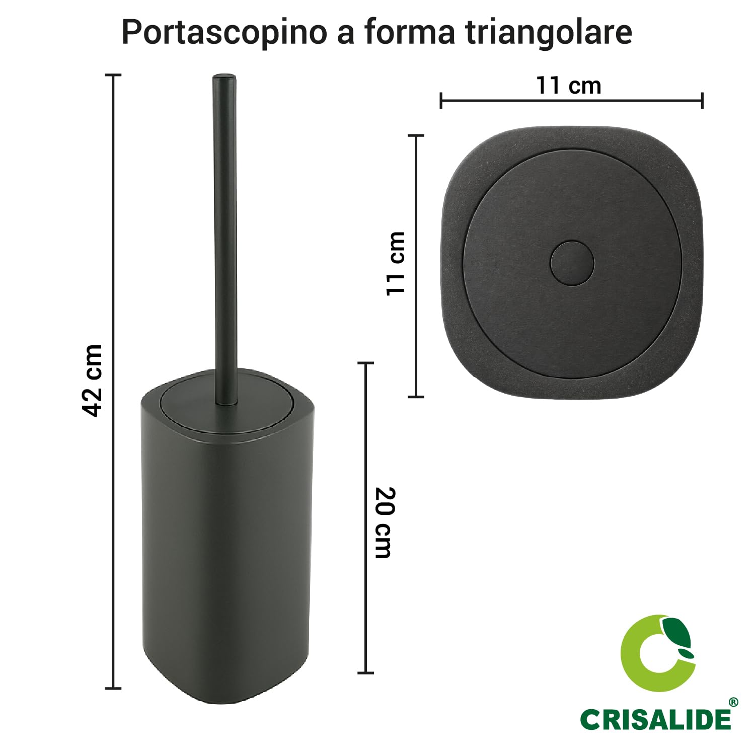 Crisalide® - Escobilla WC con escobilla triangular de Ecoallene, cerdas negras, recipiente antigoteo, cepillo oculto, diseño compacto para baño, color antracita