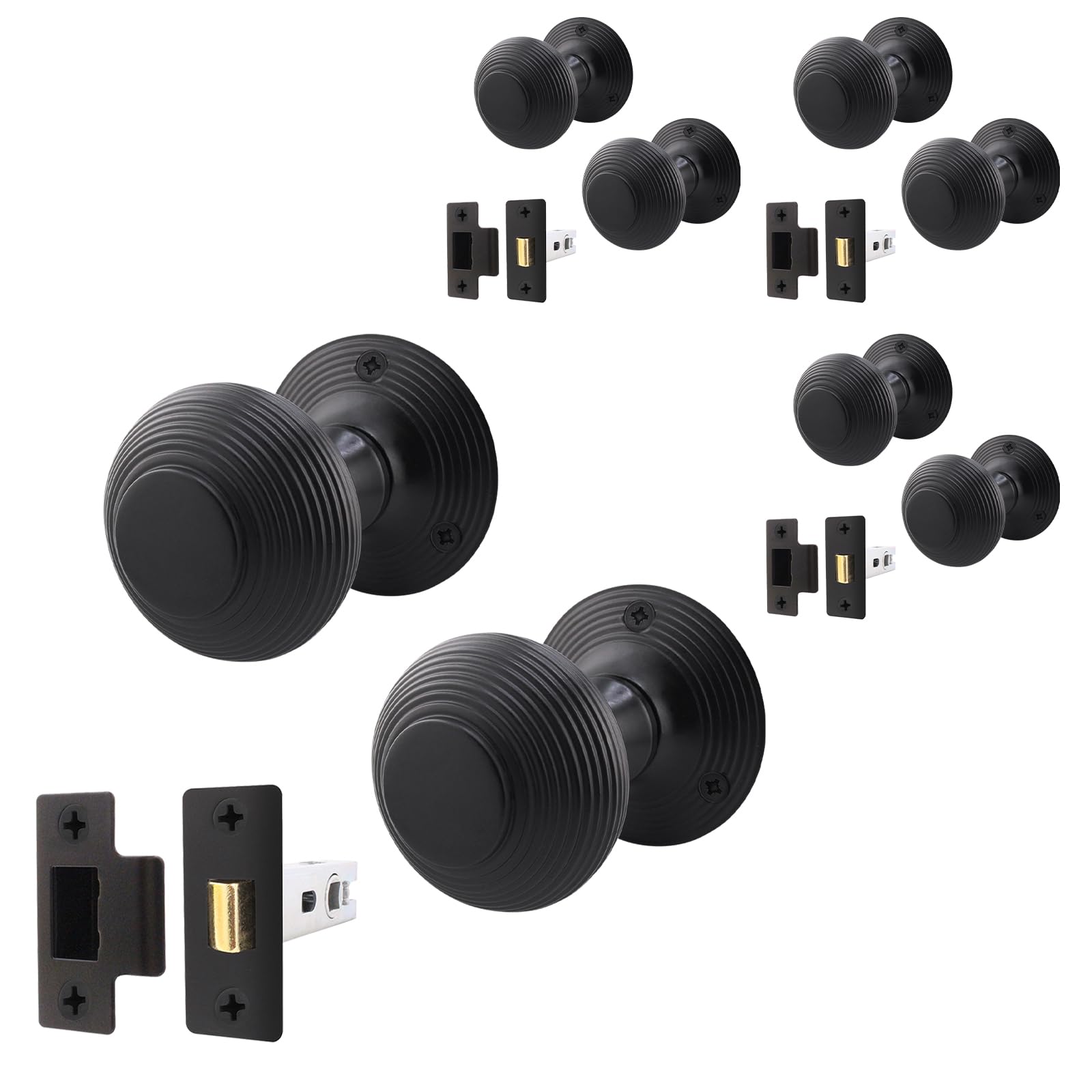 Eai Matt Black Beehive Reeded Black Door Knob Set | 4 Pairs Of Mortice Knobs (55Mm) & Latch (76Mm) For Internal Doors