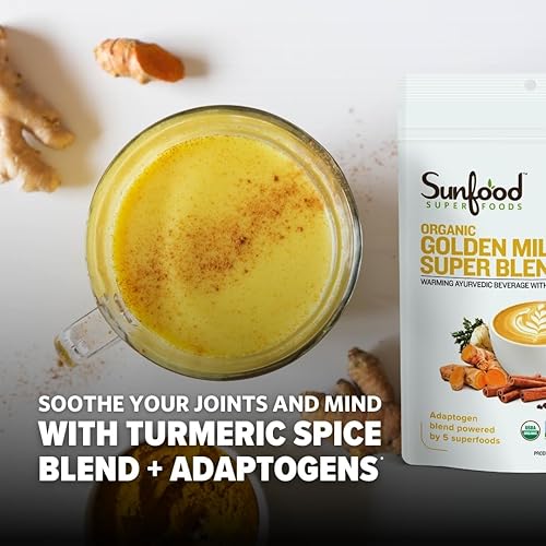Miniatura 2 de Sunfood Golden Milk Super Blend - Latte de cúrcuma orgánico + superalimentos: jengibre, maca, goji y más, alternativa al café totalmente natural,