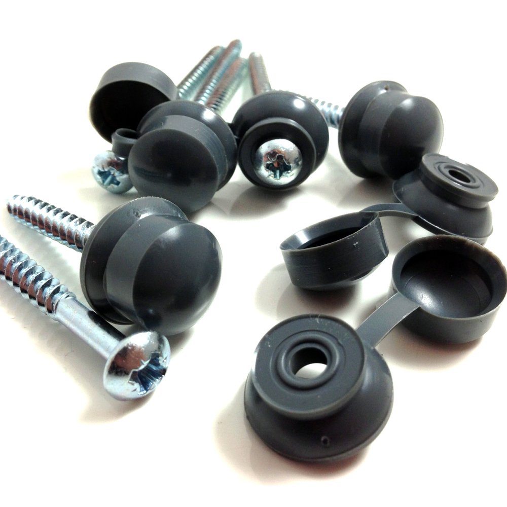 25, 2.5" (60mm) Corrugated PAN Head Roofing 2" Screws & 25 Grey Strap CAPS for Roofing Sheets