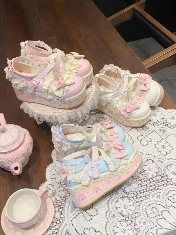 ZQW Women's Kawaii Cute Bow Strawberry Cake Lace Chunky Mary Jane Heels Round Toe Lolita Y2K Aesthetic Platform Wedge Shoes2