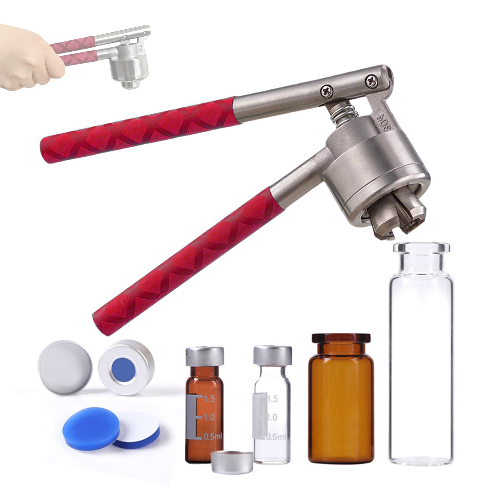 Reczna Zaciskarka do Fiulek 13mm 15mm 20mm Maszyna do Uszczelniania ze Stali Nierdzewnej z Antyposlizgowym Uchwytem do Butelek Perfum i Fiulek Laboratoryjnych(Red,AluminumPlastic(13mm))