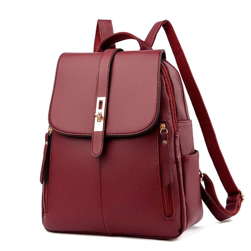 Mochila Feminina Social em Couro Sintético PU, Bolsa de Costas com Bolsos e Zíper para Trabalho(673 Vinho)