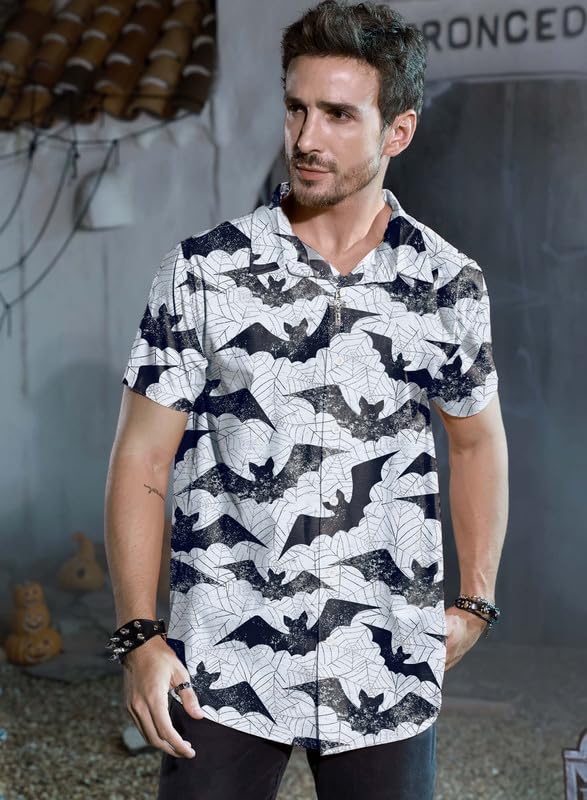 Arvilhill Men's Jack O' Lantern Shirts Short Sleeve Skeleton Button Up Shirt (S-3XL)2