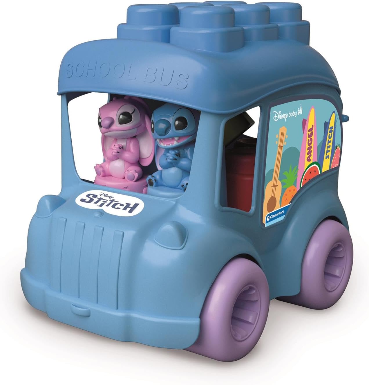 Clementoni Clemmy Disney Stitch Bus - Sensory Toy with Soft Blocks & Two Figures by Stitch & Angel - Building Blocks Set for Babies & Toddlers from 6 Months - 17974