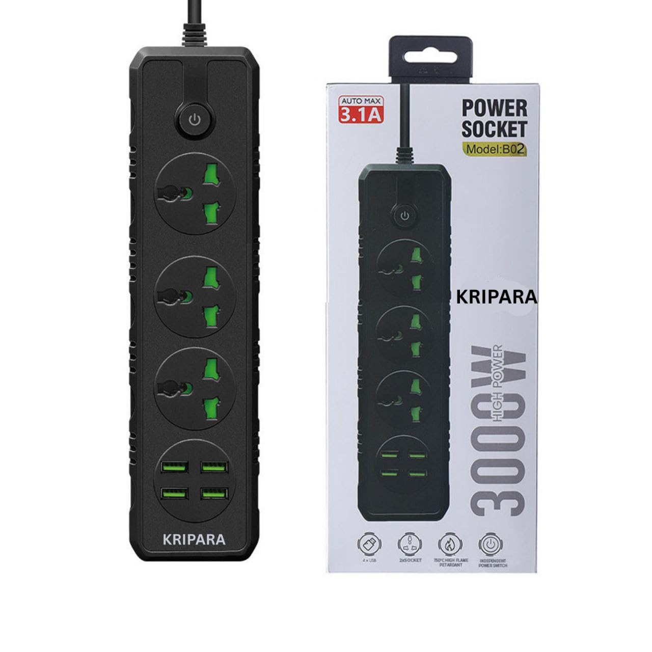 Extension Board 3000W 3 Power Sockets Extension Cord with 4 USB Port Fast Charger Fire-Resistant Multiple Plug Socket Universal Extension Box 2 Miter Wire 1 Pcs (B02)-image-47