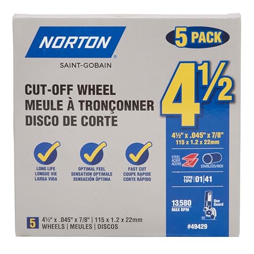 Norton 66252849429 Cut Off Wheels 5-Pack, 4 1/2 Inch Metal & Stainless Steel Cutting Discs, Premium Abrasive Discs For Angle Grinder thumb #1