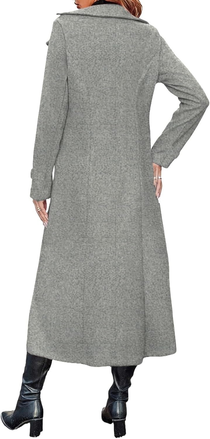 Womens Winter Wool Coat Double Breasted Duster Trench Coat Notch Lapel Maxi Long Overcoat Slim Dressy Warm Cardigan