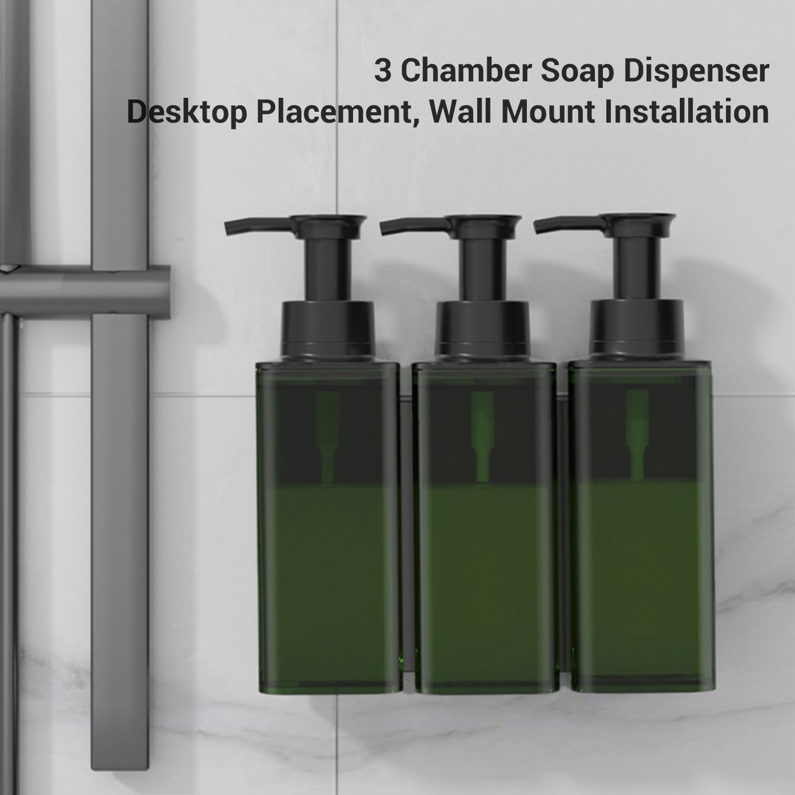 Tissting Dispensatore di Sapone Manuale a 3 Camere per Parete, Contenitore Liquido a 3 Scomparti con Pompa Antigoccia per Shampoo Bagno, Design a Scissione per Facile Riforn (Verde scuro)