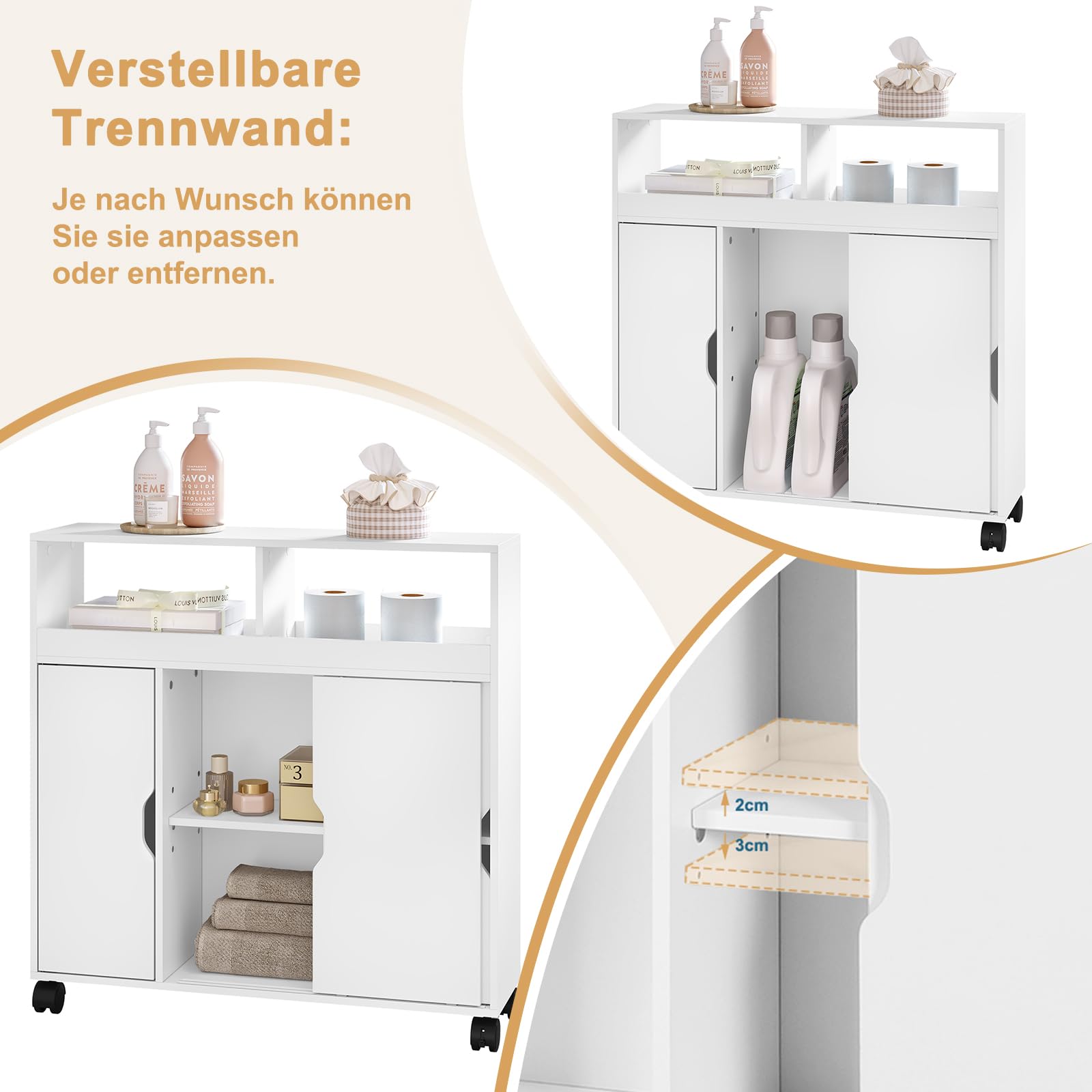 EUGAD Mobile da Bagno con Ante e Ruote, Armadietto da Bagno con Scomparti Aperti e Nascosti, Mobiletto Multiuso, per Cucina, Bagno, in Legno, Bianco, 70x20x71,5 cm