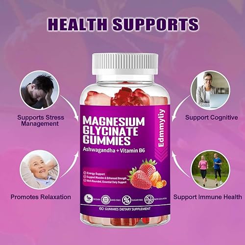 Miniatura 4 de Suplemento de gomitas de magnesio sin azúcar para mujeres y hombres, glicinato de magnesio de 500 mg con Ashwagandha, Rhodiola, apoya la energía y