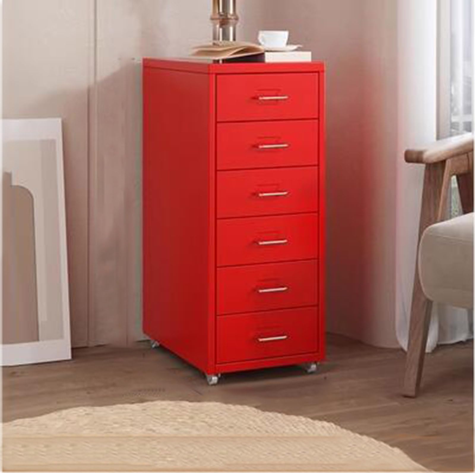 Aioneer Red Mobile Metal Filing Cabinet On Wheels Rolling Storage Organizer With Drawers Vertical Rolling File Cabinet Printer Stand Lockable Casters Office Storage Solution-27.16 * 16 * 11Inch