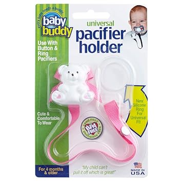 Baby Buddy Universal Pacifier Holder Clip -Snaps to Paci or Attach with Universal-Fit Silicone Ring, Pacifier Clip, for Babies 4 Months and Up/Toddler Boys & Girls, Baby Must Haves, Pink