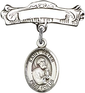 Sterling Silver Baby Badge with St. Peter The Apostle Charm and Arched Polished Badge Pin 7/8 X 7/8 inches