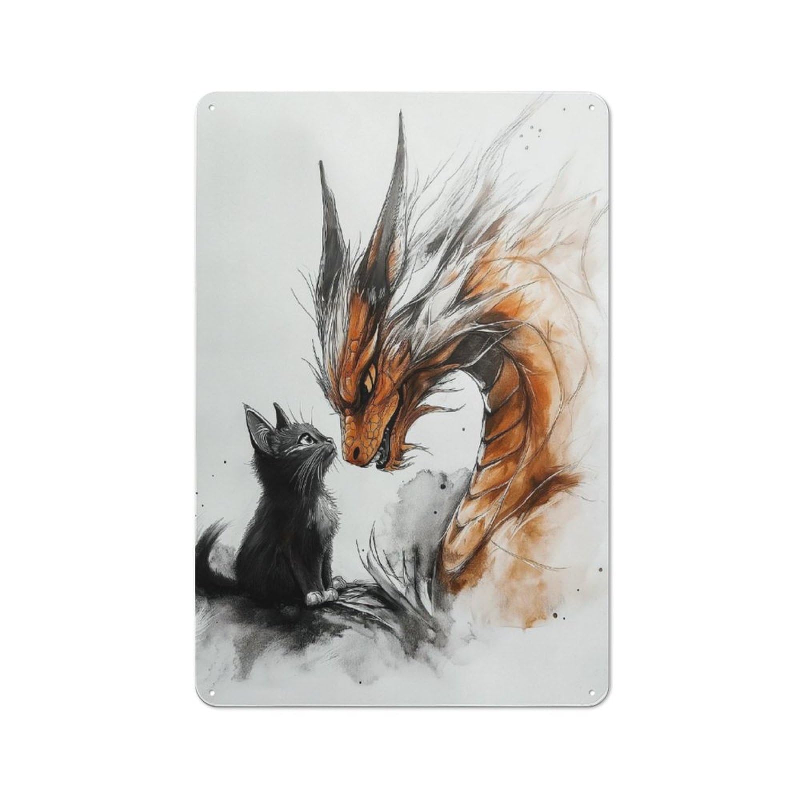 Junmoney Style-5 For Guest Room Or Hallway, Dragon And Kitten Retro Metal Wall Sign 30X20cm, For Vintage Wall Decor Fans, For Metal Sign Collectors