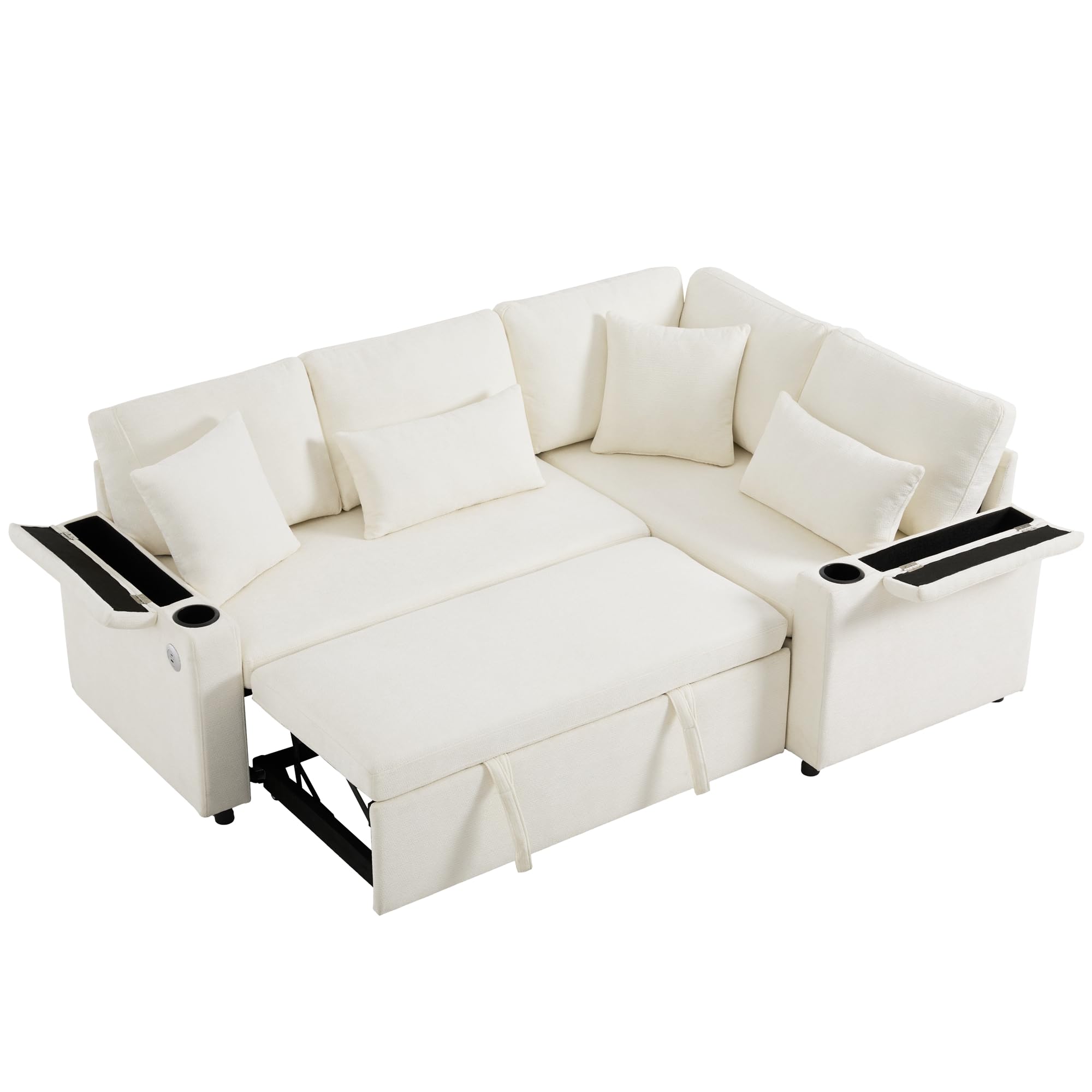Bladez Divano letto a forma di L, divano ad angolo allungabile, velluto di ciniglia, chaise longue con vano portaoggetti, porta di ricarica, supporto per braccioli, per soggiorno (beige-A)
