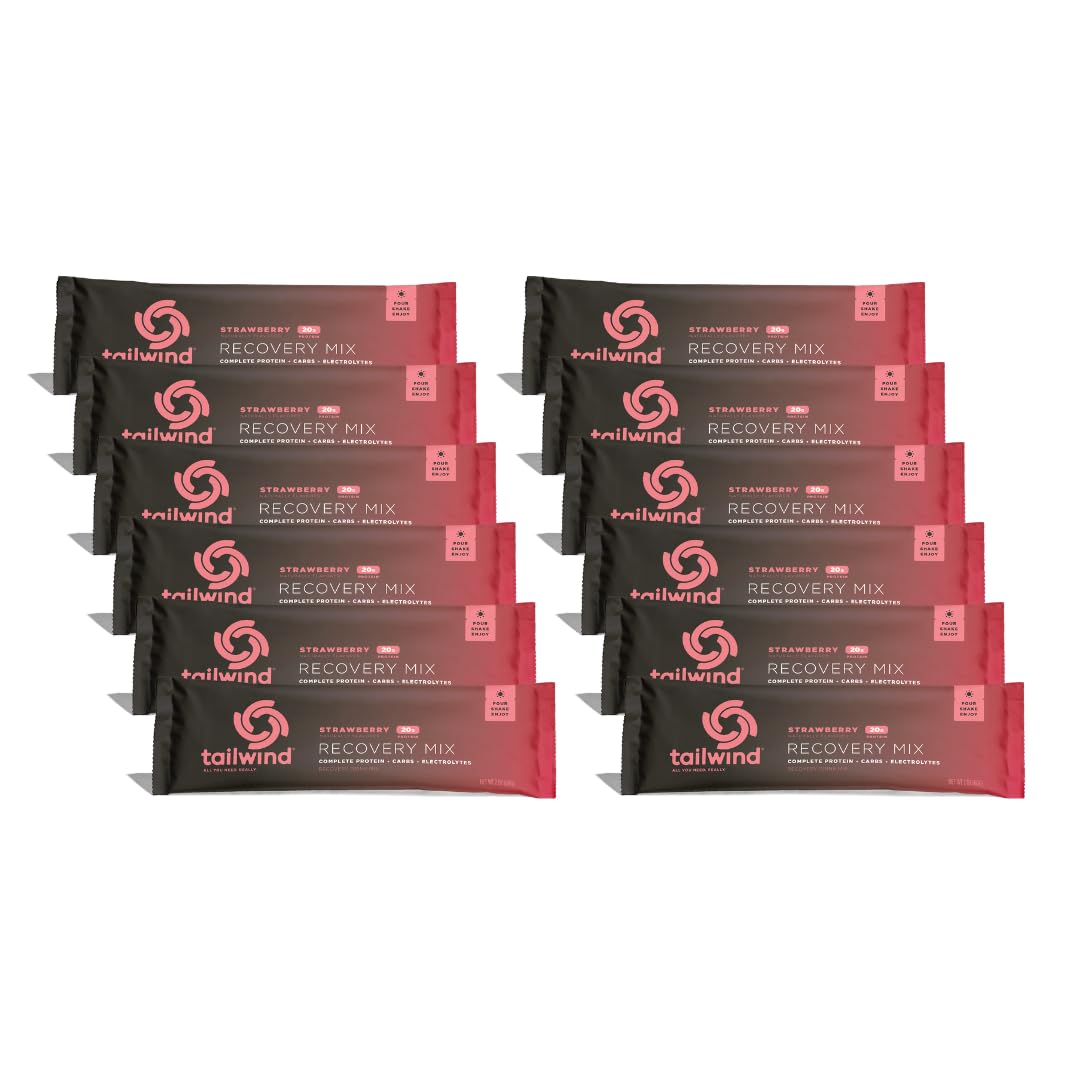 Tailwind Nutrition Recovery Mix, Strawberry, 12 Single-Serving Sachets | Post-workout drink mix with 20 grams complete protein, carbohydrates, and electrolytes, vegan, free of gluten, soy, and dairy Strawberry 12 Servings (Pack of 12)