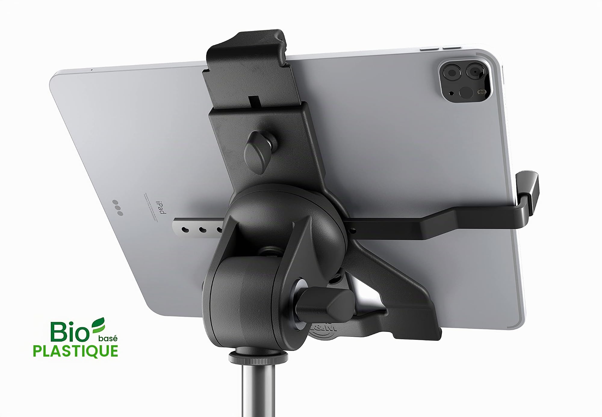 K&M 19744 Support pour pied de tablette PC Noir, plastique biosourcé - Support de tablette pour pied avec filetage 3/8" ou 5/8".