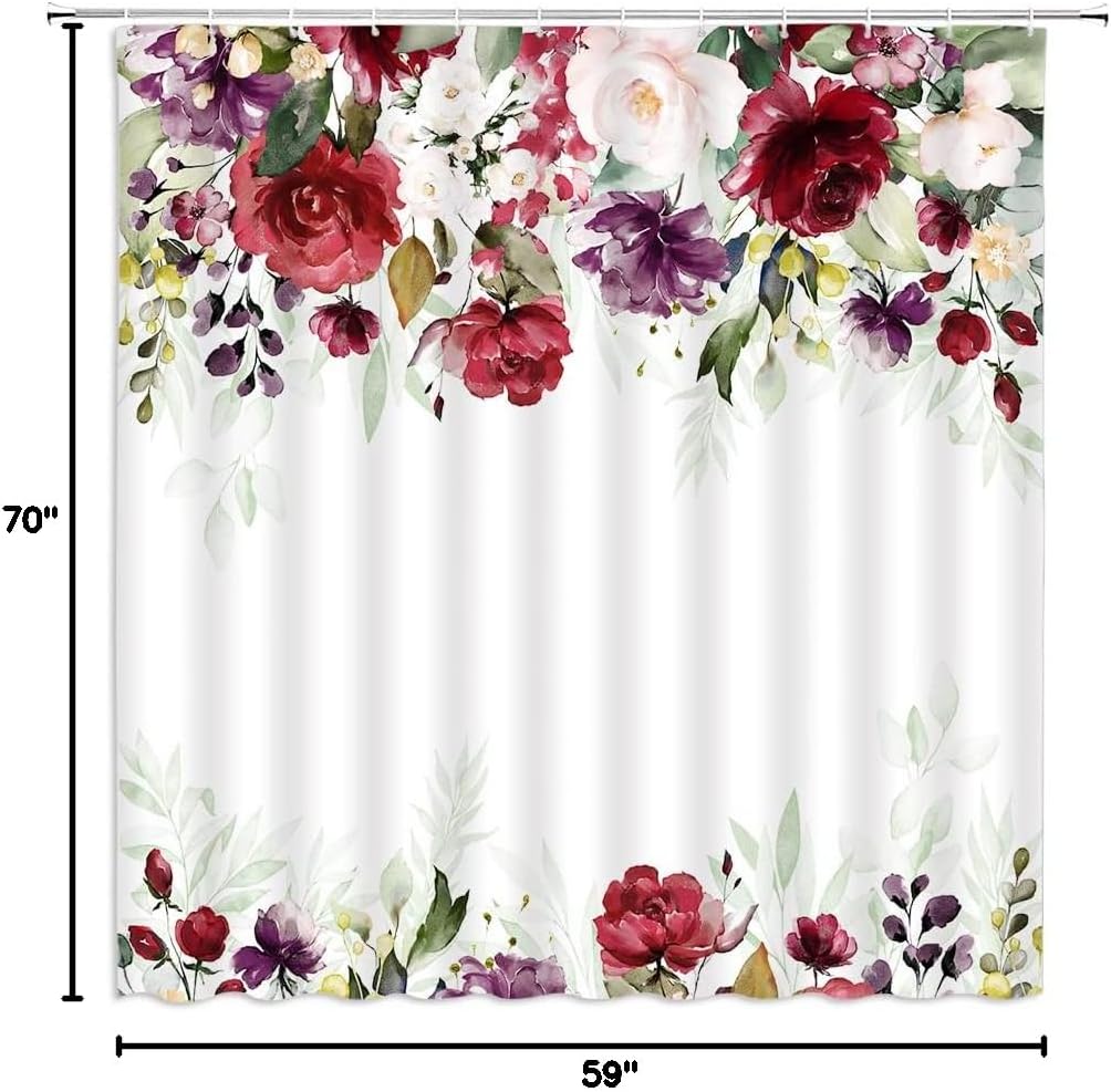 Burgundy Red Floral Shower Curtain Watercolor Flower Rose Peony Vintage Blossom Rustic Spring Romantic Botanical Fabric Bathroom Decor Set with Hooks(74.8" Wx70 H)