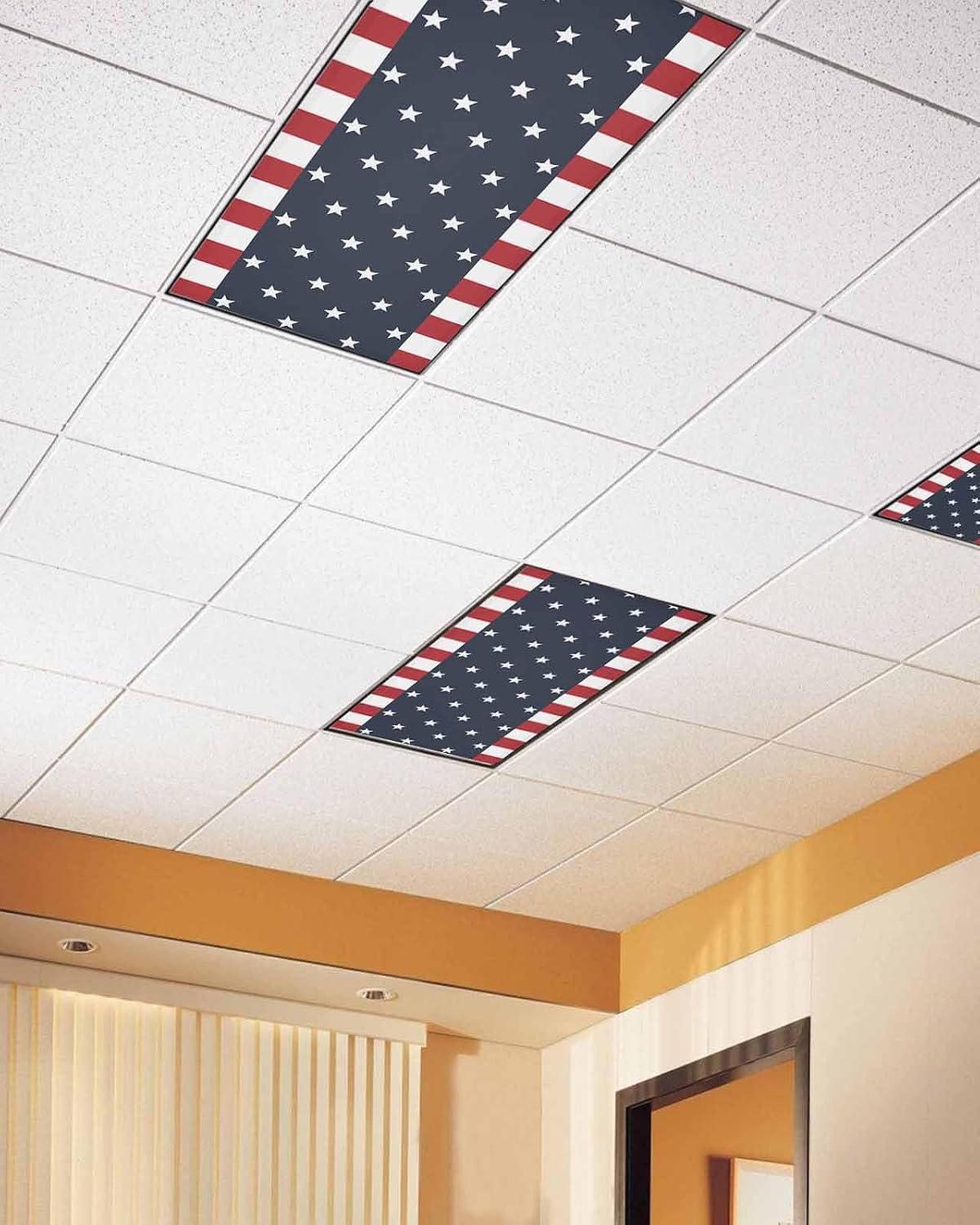 4th of July Fluorescent Lights Covers for Ceiling Lights Stars Flag Magnetic Light Filters 4 Pack 4x2 ft Red White and Blue Stripes Ceiling Light Cover for Classroom Office School Drop Decor