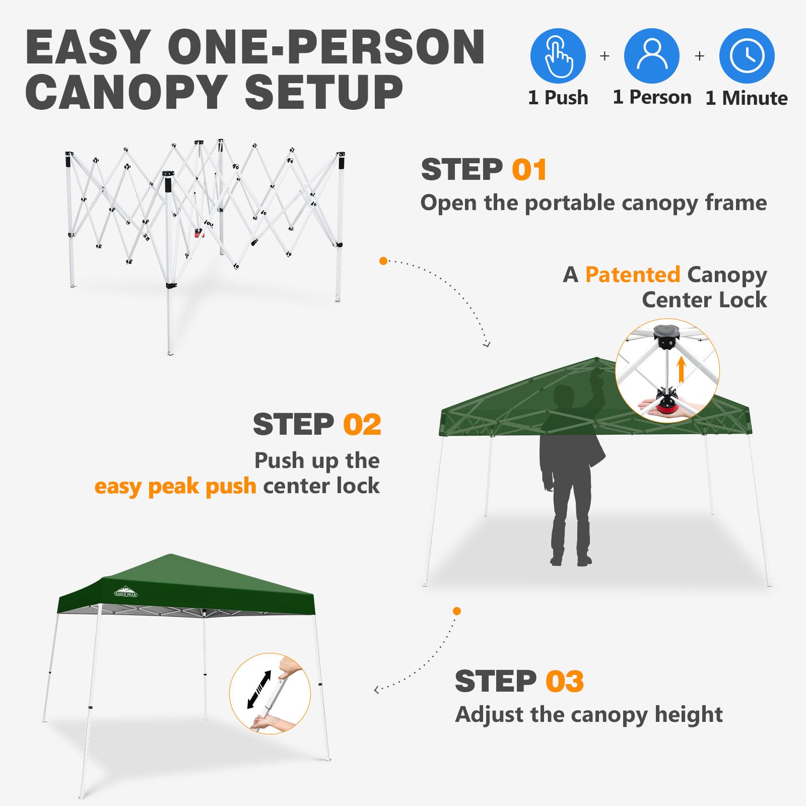 EAGLE PEAK Przenośny Namiot Pop-up 3x3/2.4x2.4 m Zielony - Ukośne nogi, Montaż dla 1 osoby, Na plażę i sport