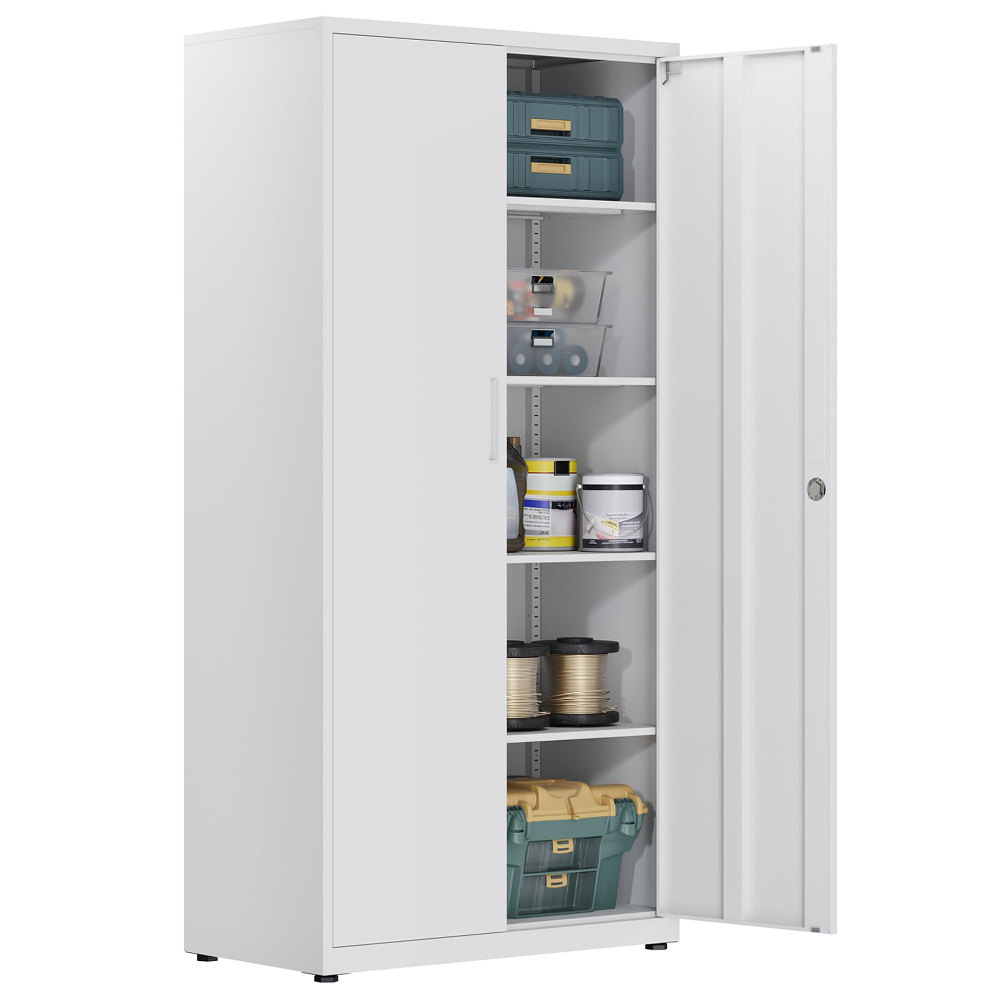 HOMSTEEL Metal Storage Cabinet, Locking Garage Cabinet, 5-Tier Office Cabinet with Adjustable Shelves, Cupboards for Office, Garage and Utility Room, White